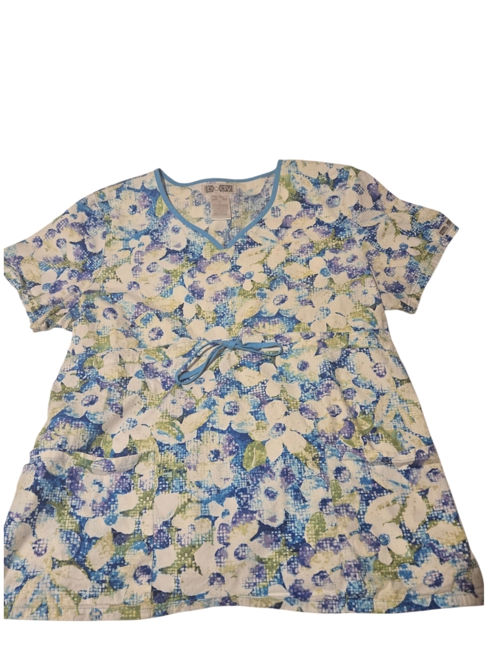 Cherokee Blue, Green & White Floral V-Neck Scrub Top with Aqua Trim